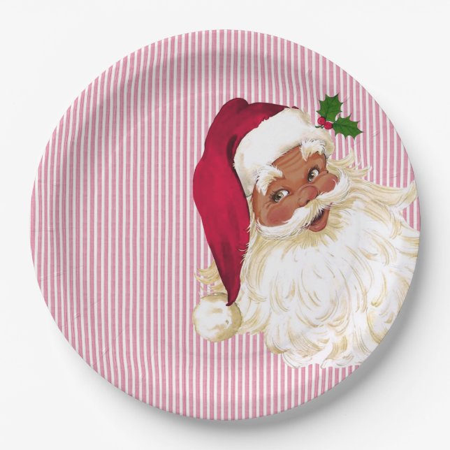 Old Fashioned Black Santa Cranberry Stripe Paper Plate (Front)