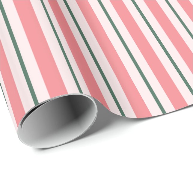 Old Fashioned Blush Pink and Green Stripe Pattern Wrapping Paper (Roll Corner)