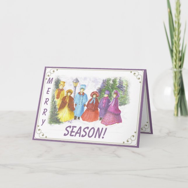 OLD FASHIONED CAROLERS MERRY SEASONS GREETING HOLIDAY CARD (Front)