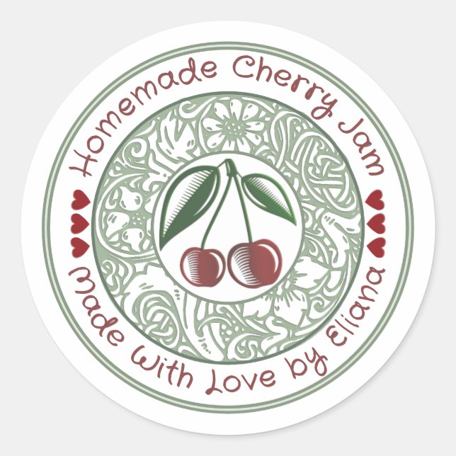 Old Fashioned Cherry Jam Stylised Fruit and Flower Classic Round Sticker (Front)