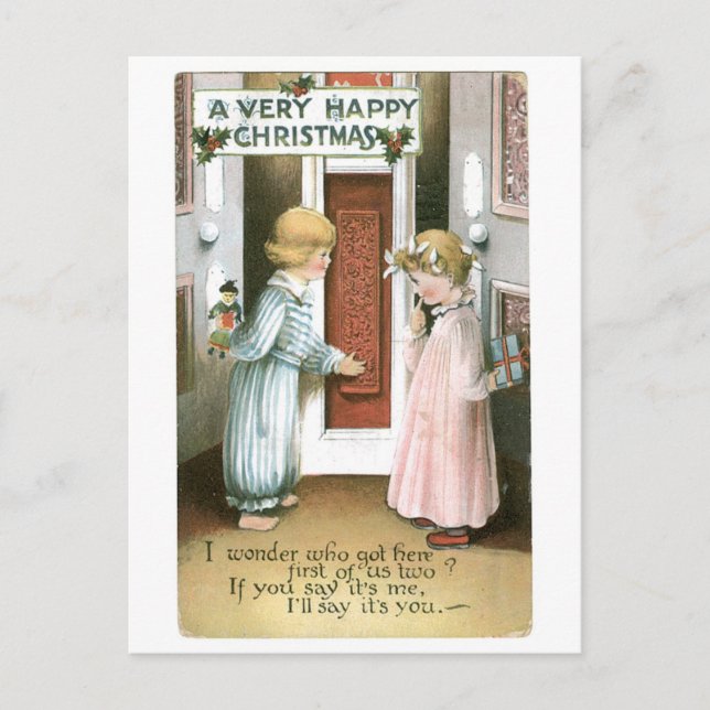 Old-fashioned Christmas, Boy & Girl Holiday Postcard (Front)