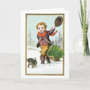 Old-fashioned Christmas, Boy with Puppy Holiday Card