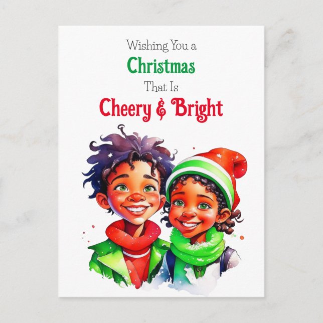 Old-Fashioned Christmas Elves Cheery and Bright Holiday Postcard (Front)