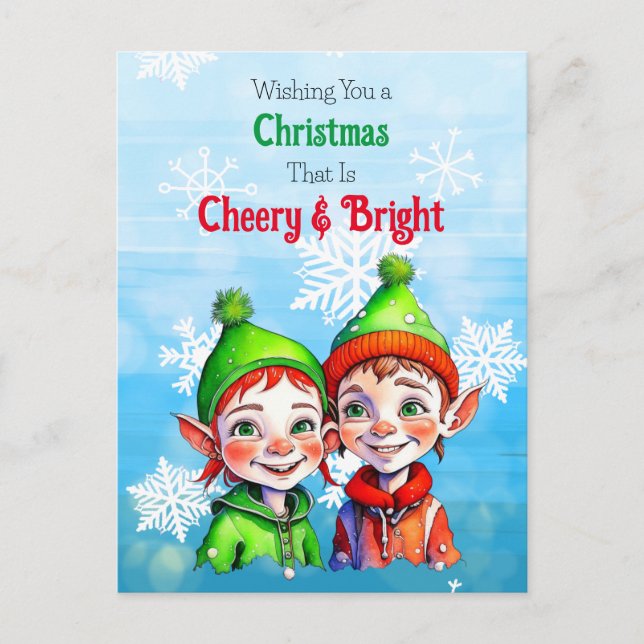 Old-Fashioned Christmas Elves Cheery and Bright Holiday Postcard (Front)
