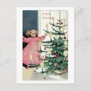 Old-fashioned Christmas, Girl, Christmas tree Holiday Postcard