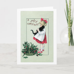 Old-fashioned Christmas, Girl holding Black cat Holiday Card