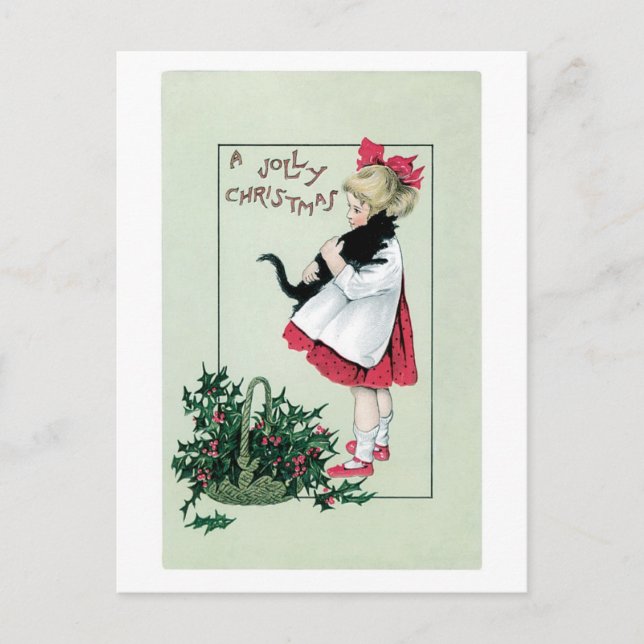Old-fashioned Christmas, Girl holding Black cat Holiday Postcard (Front)