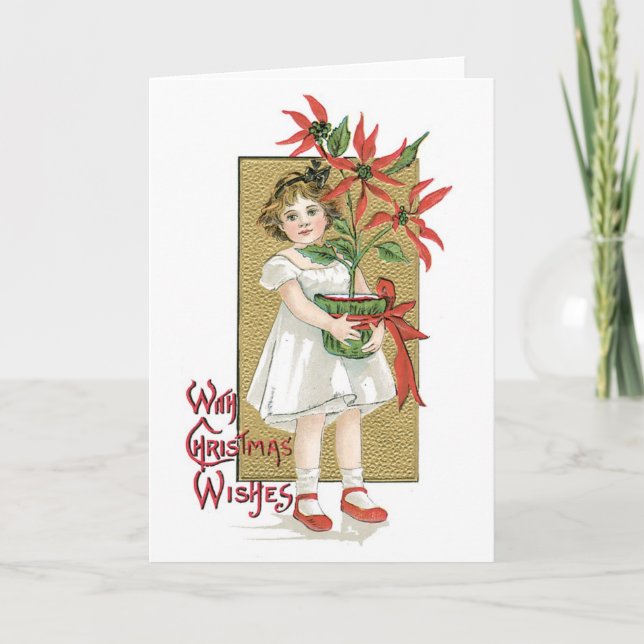 Old-fashioned Christmas, Girl holding Poinsettia Holiday Card (Front)