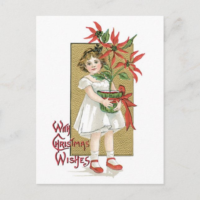 Old-fashioned Christmas, Girl holding Poinsettia Holiday Postcard (Front)