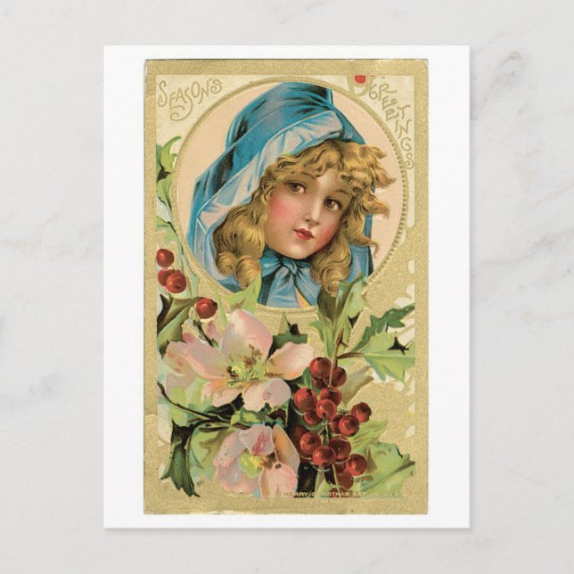 Old-fashioned Christmas, Girl Holiday Postcard (Front)
