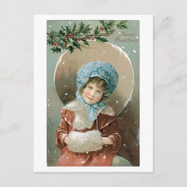 Old-fashioned Christmas, Girl Holiday Postcard (Front)