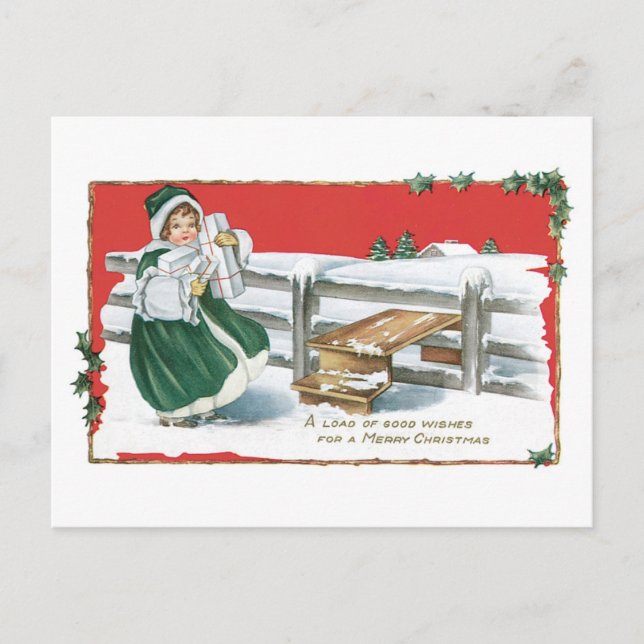 Old-fashioned Christmas, Girl Holiday Postcard (Front)