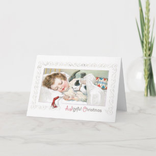 Old-fashioned Christmas, Girl sleeping with Puppy Holiday Card