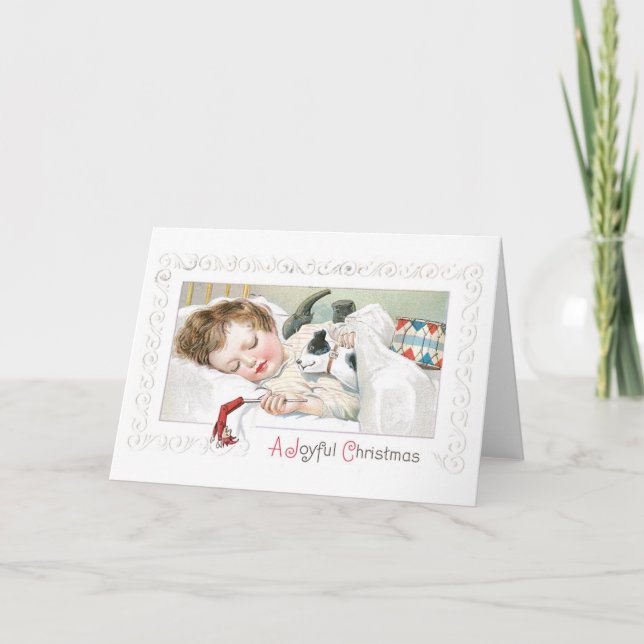 Old-fashioned Christmas, Girl sleeping with Puppy Holiday Card (Front)