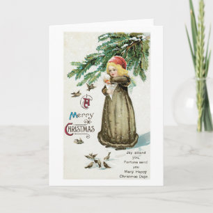 Old-fashioned Christmas, Girl with Birds Holiday Card