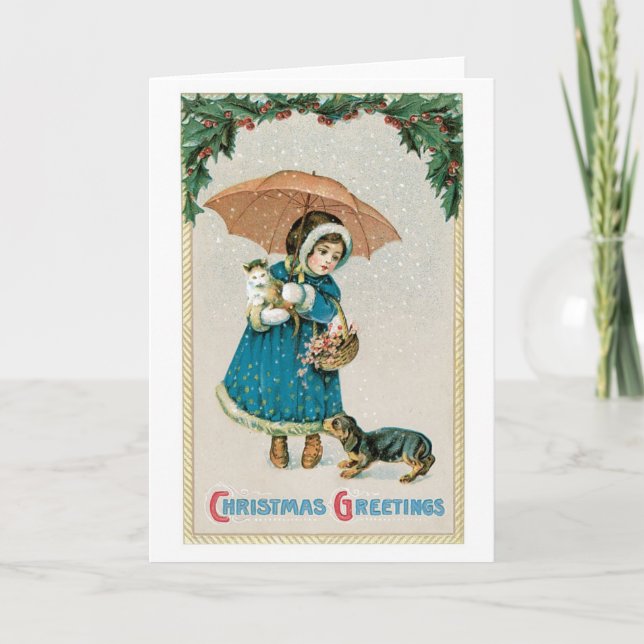 Old-fashioned Christmas, Girl with Cat and Dog Holiday Card (Front)