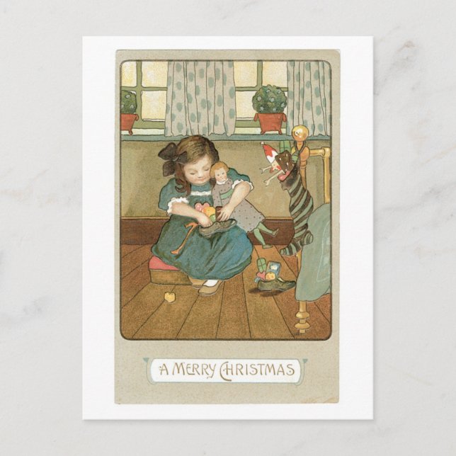 Old-fashioned Christmas, Girl with Dolls Holiday Postcard (Front)