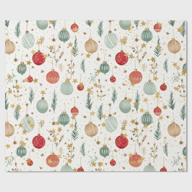 Old Fashioned Christmas Ornaments & Gold Stars Wrapping Paper (Flat)