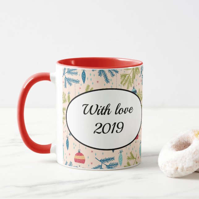 Old Fashioned Christmas Ornaments Hanging on Trees Mug (With Donut)