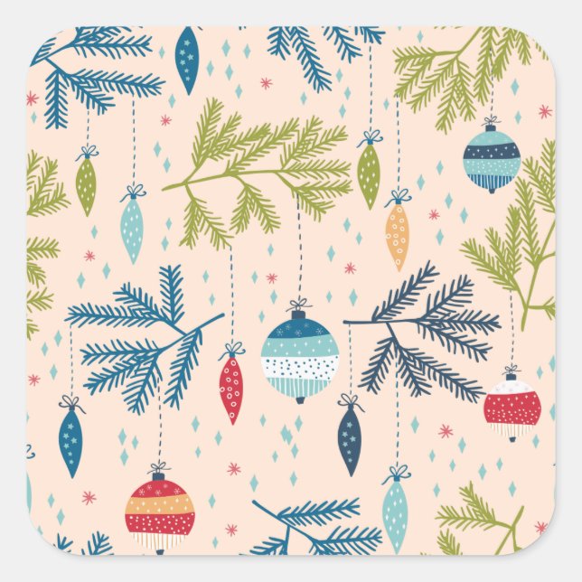 Old Fashioned Christmas Ornaments Hanging on Trees Square Sticker (Front)