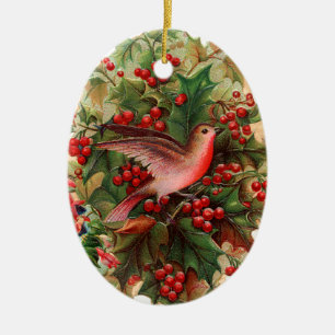 Old-fashioned Christmas, Robin, Holly Ceramic Tree Decoration