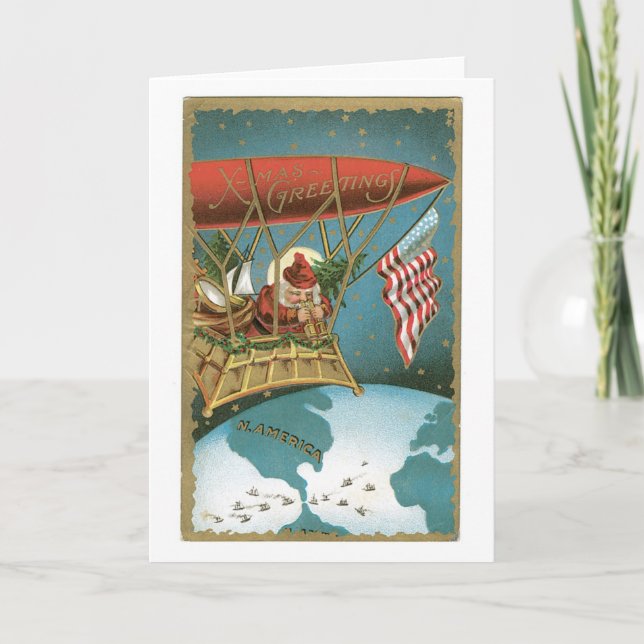 Old-fashioned Christmas, Santa get on an Airship Holiday Card (Front)