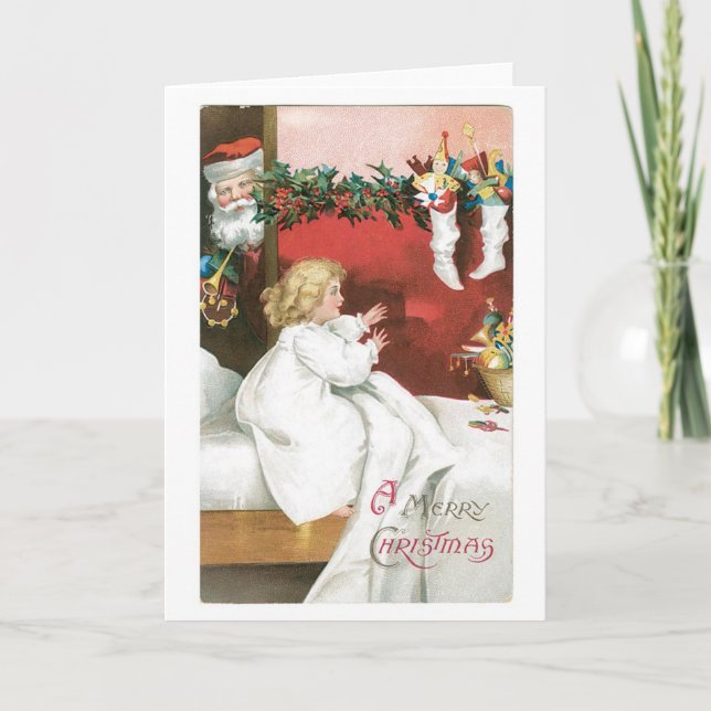 Old-fashioned Christmas, Santa & Girl Holiday Card (Front)