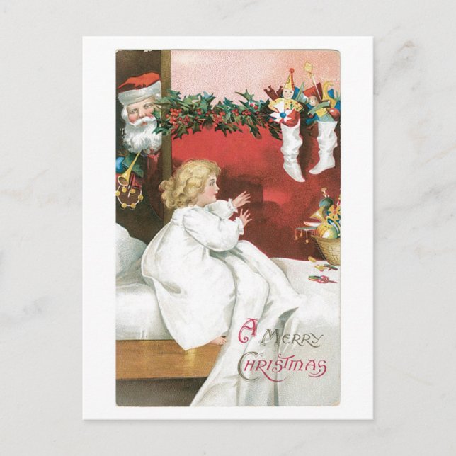 Old-fashioned Christmas, Santa & Girl Holiday Postcard (Front)