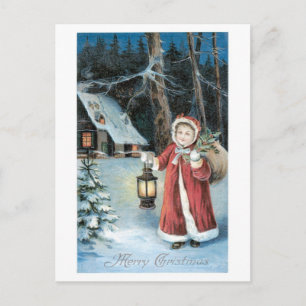 Old-fashioned Christmas, Santa girl Holiday Postcard