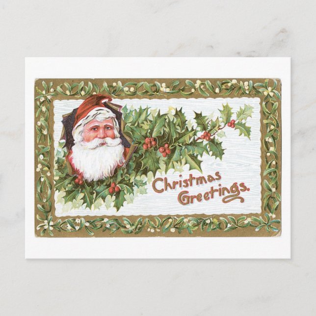 Old-fashioned Christmas, Santa, Holly Holiday Postcard (Front)
