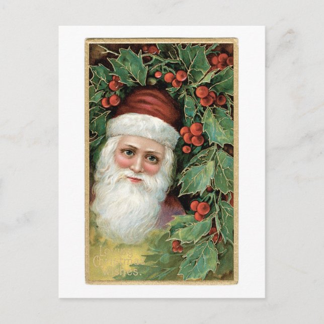 Old-fashioned Christmas, Santa, Holly Holiday Postcard (Front)