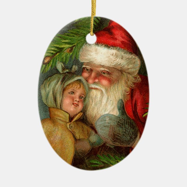 Old-fashioned Christmas, Santa with Child Ceramic Tree Decoration (Front)