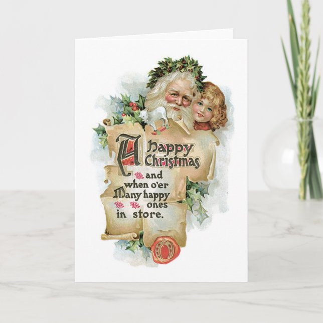 Old-fashioned Christmas, Santa with Girl Holiday Card (Front)