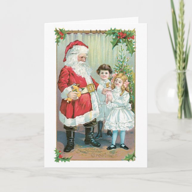 Old-fashioned Christmas, Santa with Girls Holiday Card (Front)