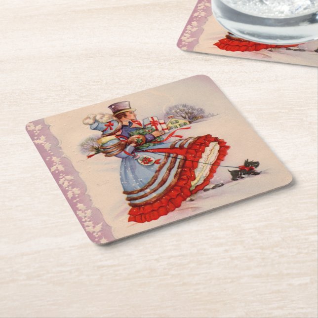 Old-Fashioned Christmas Shopping Square Paper Coaster (Angled)