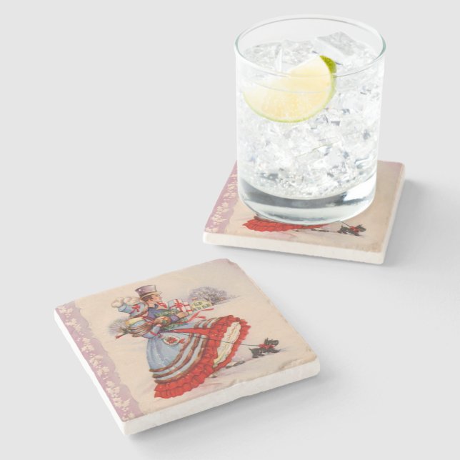 Old-Fashioned Christmas Shopping Stone Coaster (Side)