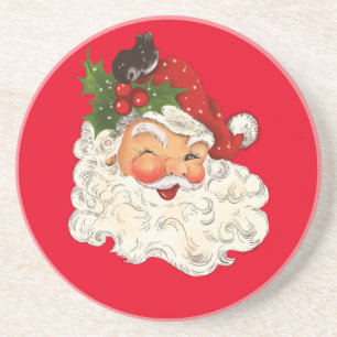 Old-Fashioned Christmas Winking Santa Face Coaster