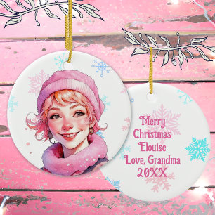 Old-Fashioned Christmas Woman in Pink  Ceramic Tree Decoration