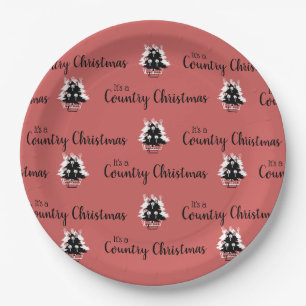 Old Fashioned Country Christmas Trees Red Paper Plate