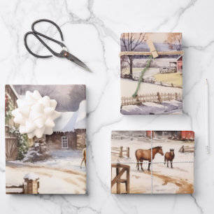 Old Fashioned Farm Winter Scenes Wrapping Paper Sheet