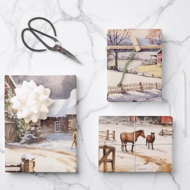 Old Fashioned Farm Winter Scenes Wrapping Paper Sheet (Front)