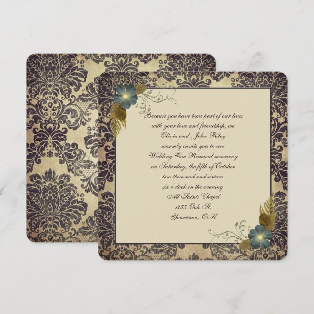 Old-fashioned floral bouquet on damask frame invitation (Front/Back)
