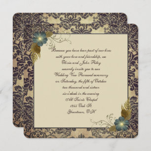 Old-fashioned floral bouquet on damask frame invitation