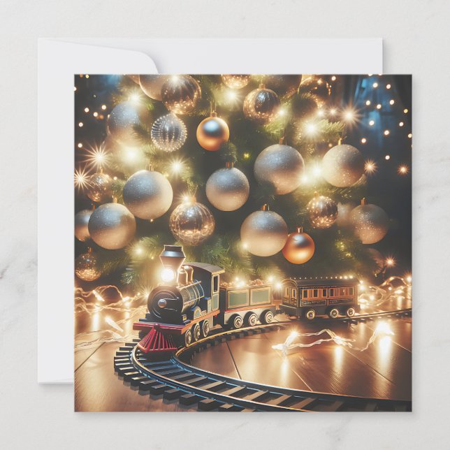 Old-Fashioned Gold Christmas Train under the Tree Card (Front)