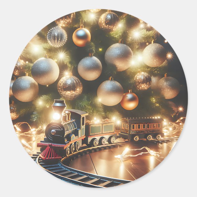 Old-Fashioned Gold Christmas Train under the Tree Classic Round Sticker (Front)