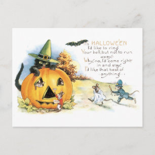 Old-fashioned Halloween, Black cat & Mice Postcard