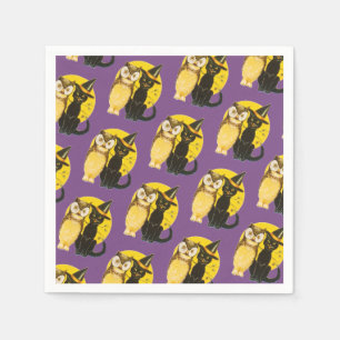 Old-fashioned Halloween, Black cat & Owl Napkin