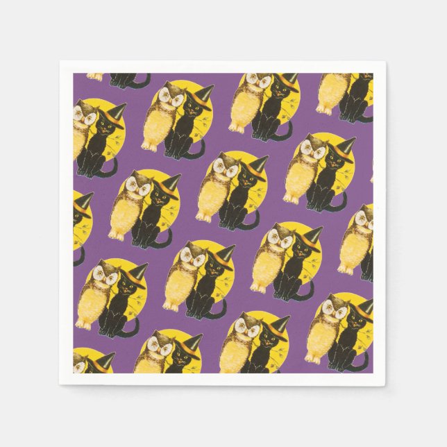 Old-fashioned Halloween, Black cat & Owl Napkin (Front)