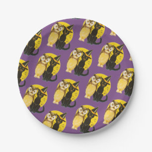 Old-fashioned Halloween, Black cat & Owl Paper Plate