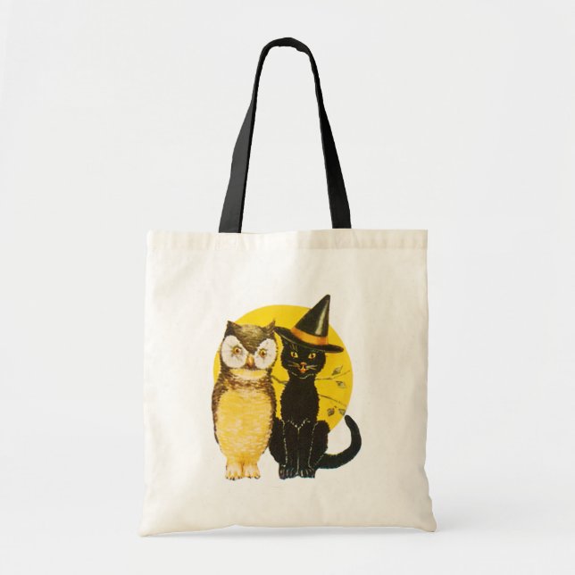 Old-fashioned Halloween, Black cat & Owl Tote Bag (Front)